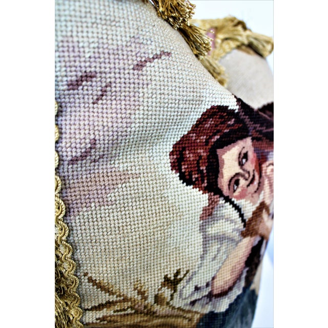 French Provincial Custom French Figurative Needle Point, Petit Point Pillow W/Fringe & Down Insert For Sale - Image 3 of 5