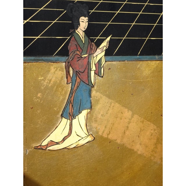 Gold 35"t Vintage Oriental Asian Gold Chinioiserie Coromandel 4 Four Panel Screen For Sale - Image 8 of 13