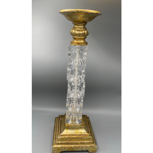 1970s Vintage Hollywood Regency Gold and Clear Acrylic Pillar Candle Holder For Sale - Image 5 of 6
