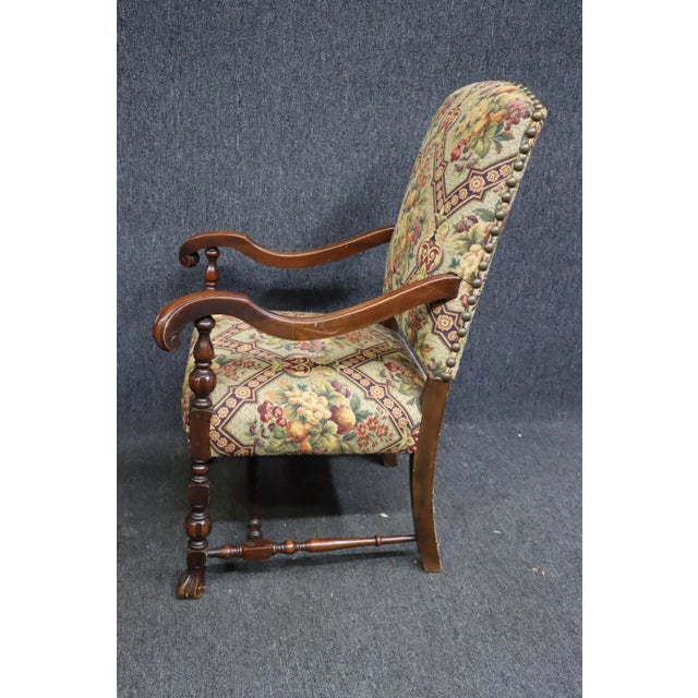 Early 20th Century Jacobean Style Carved Walnut Tapestry Arm Chair For Sale - Image 5 of 6