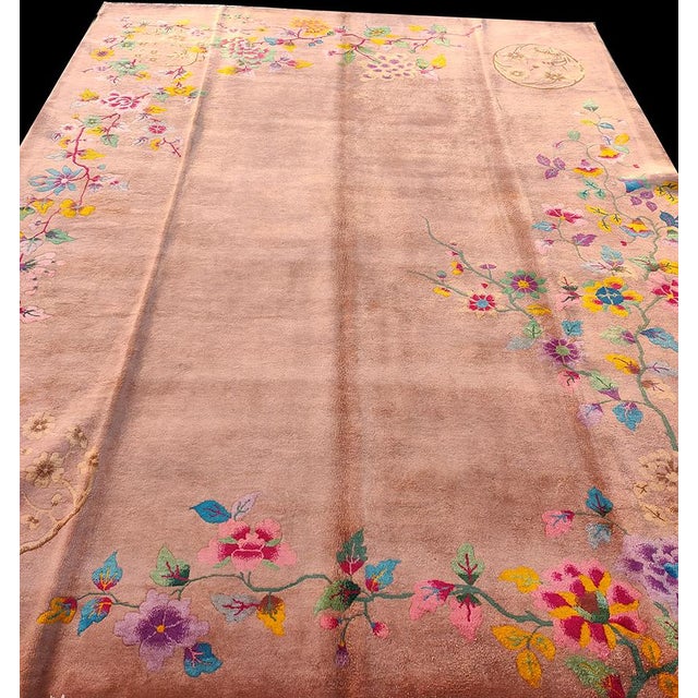1930s Orange-Peach Floral Modern Antique Chinese Art Deco Rug Handknotted Carpet For Sale - Image 4 of 7