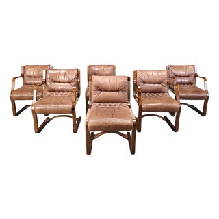 Vintage Leather and Plywood Chairs from Asko Pajamies, Finland, 1970s, Set of 6 For Sale