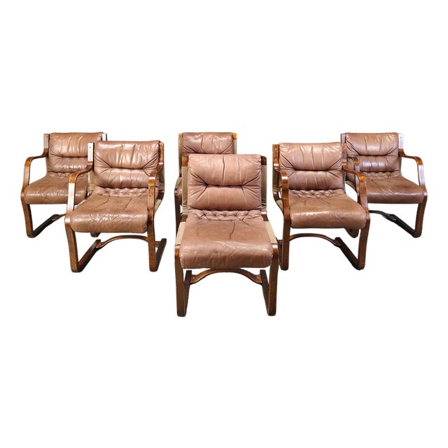 Vintage Leather and Plywood Chairs from Asko Pajamies, Finland, 1970s, Set of 6 For Sale