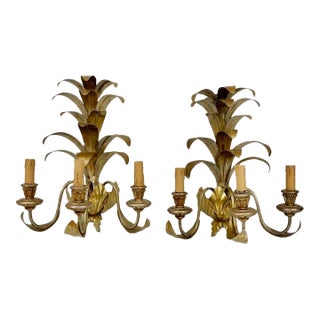 Pair of Vintage Gilt Metal Pineapple Wall Sconces For Sale