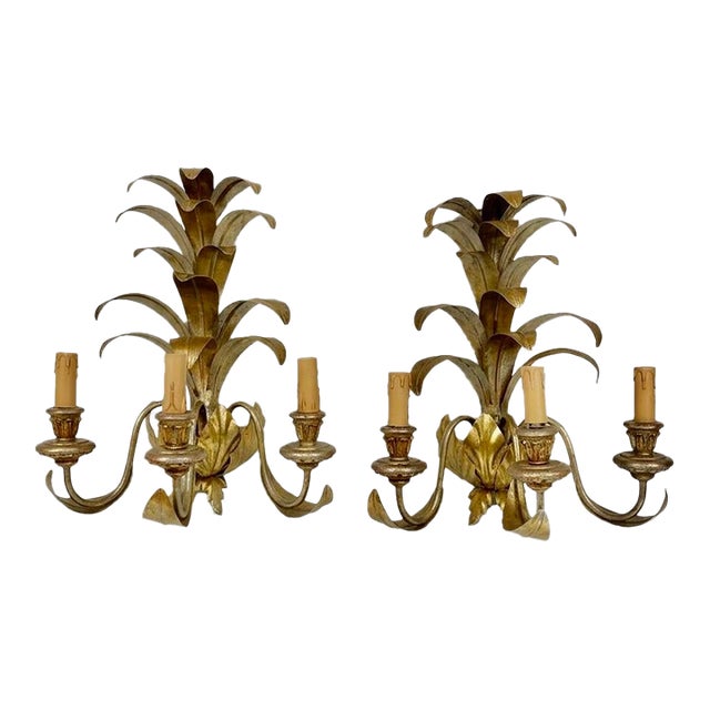 Pair of Vintage Gilt Metal Pineapple Wall Sconces For Sale