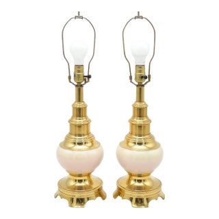Mid 20th Century Brass & Cream Ostrich Egg Table Lamps - a Pair For Sale