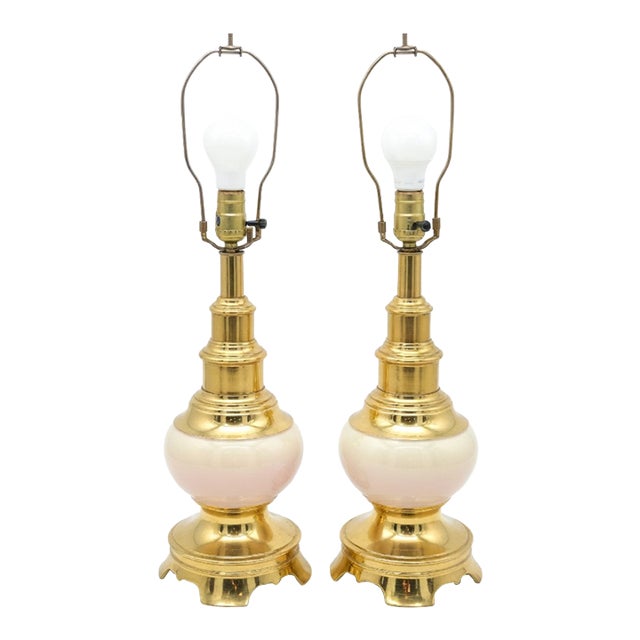 Mid 20th Century Brass & Cream Ostrich Egg Table Lamps - a Pair For Sale