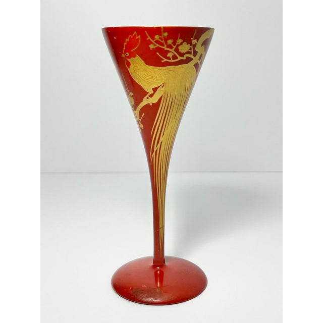 1960s Red Gold Urushi Lacquer Onagadori Rooster Sake Cocktail Glasses - Set of 9 For Sale - Image 4 of 12