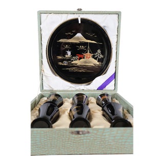Vintage Japanese Mount Fuji Black Lacquerware Sake Set With Six Stemmed Cups, Tray and Original Box - 8 pcs For Sale