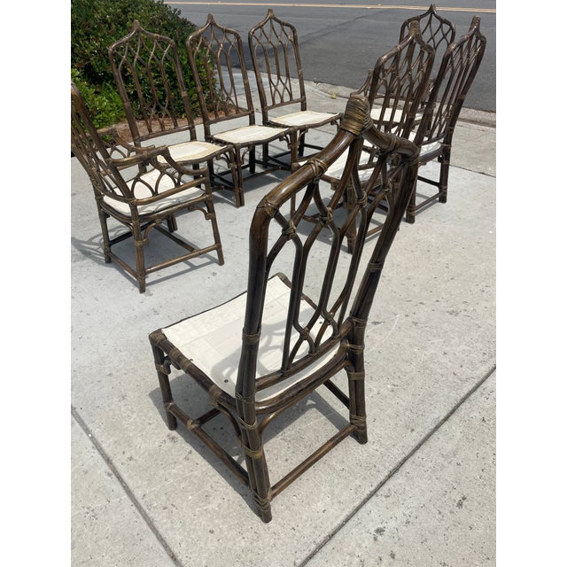 Wood Authentic McGuire Vintage Rattan Cathedral Gothic Dining Chairs, a Set of 8 For Sale - Image 7 of 11