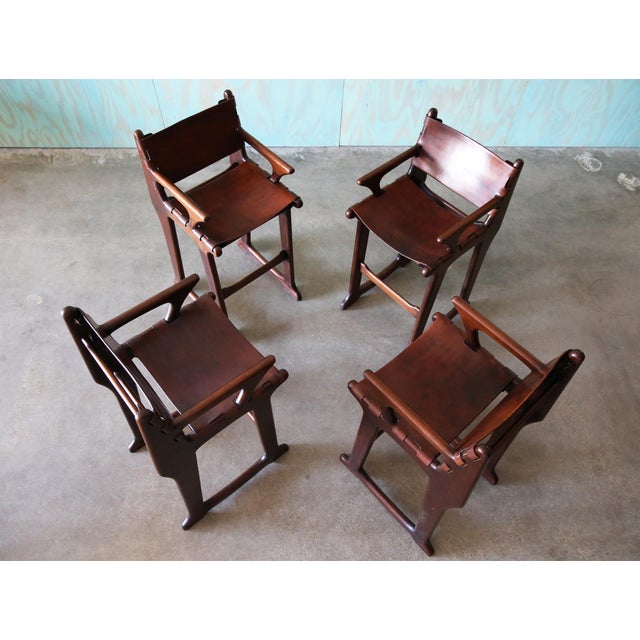 1960s Sergio Rodrigues Style Brazilian Barstools in Patinated Leather - Set of 4 For Sale - Image 6 of 15