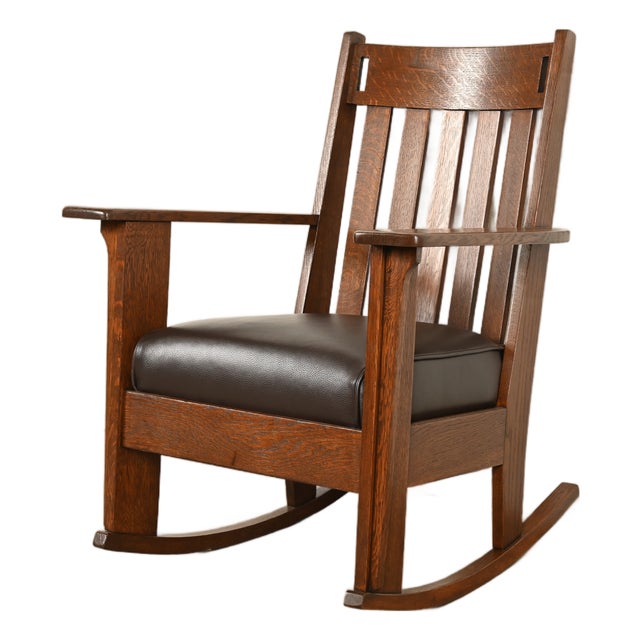 Charles Stickley Antique Mission Oak Arts & Crafts Cutout Rocking Chair, Newly Restored For Sale
