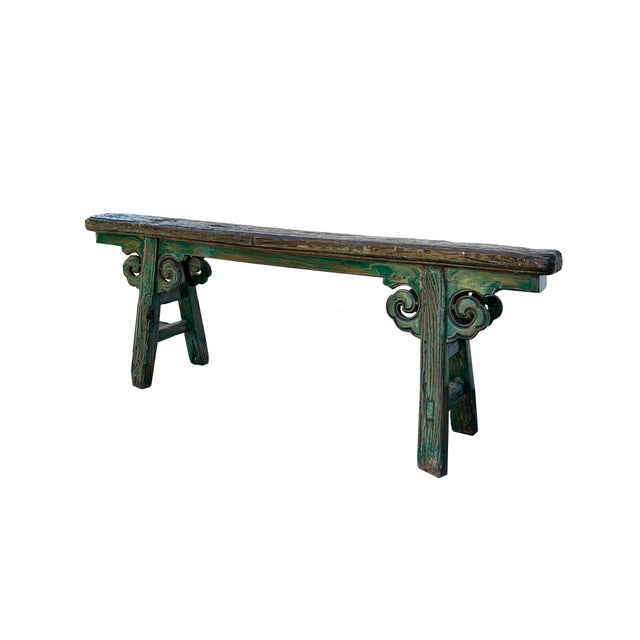 Distressed Brown Teal Blue Green Village Slim Narrow Scroll Apron Wood Bench For Sale - Image 4 of 6