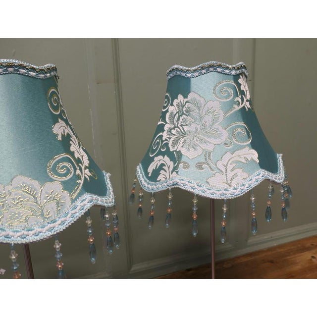 1980s Chrome Bedside Lamps with Beaded Embroidered Shades, 1980, Set of 2 For Sale - Image 5 of 8