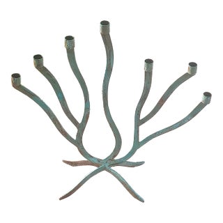 Vintage 7 Arm Brutalist Candelabra Hand-Forged Iron and Copper With Verdigris For Sale