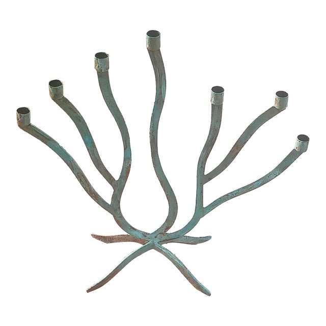Vintage 7 Arm Brutalist Candelabra Hand-Forged Iron and Copper With Verdigris For Sale