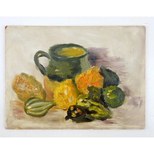 Oil on Masonite still life painting with crockery, squash and other vegetables. Unsigned. Unframed, edge wear.