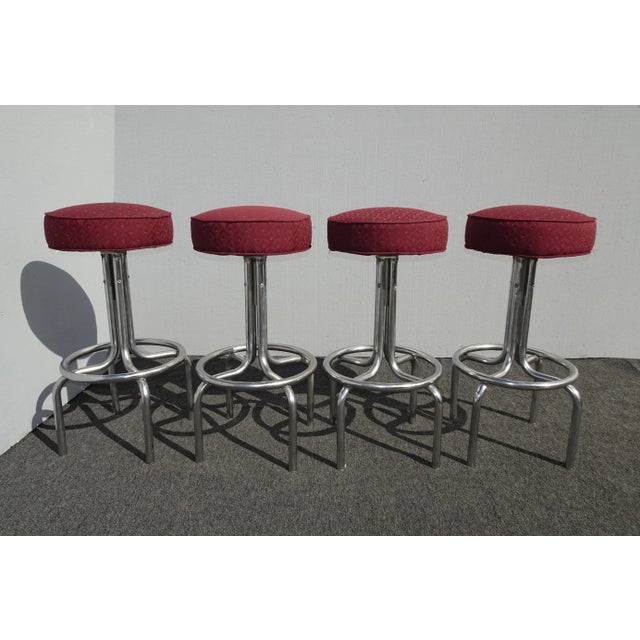Set of Four Mid Century Modern Burgundy Barstools W Chrome Base Bar Stools For Sale - Image 13 of 13