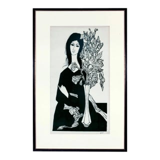 Framed Ink Drawing of Woman With Flowers For Sale