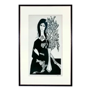 Framed Ink Drawing of Woman With Flowers