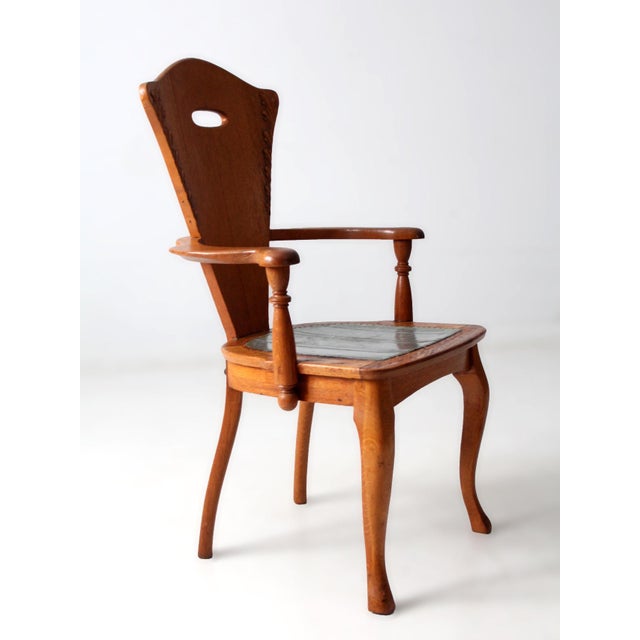 Antique Arts & Crafts Wood Armchair With Metal Seat For Sale - Image 17 of 18