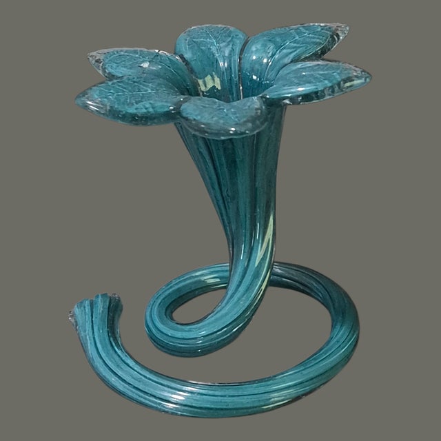 Vintage Italy Pair Blue & Red Art Glass Ruffled Flower Top Spiral Base Bud Vases For Sale - Image 4 of 9