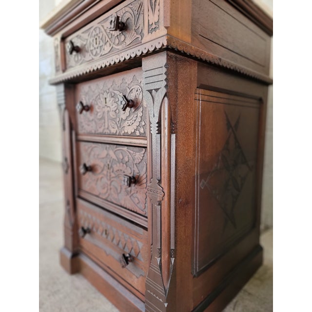 Brown Aesthetic Movement Victorian Era Carved Nightstands / Dressers Late 1800's - A Pair For Sale - Image 8 of 18