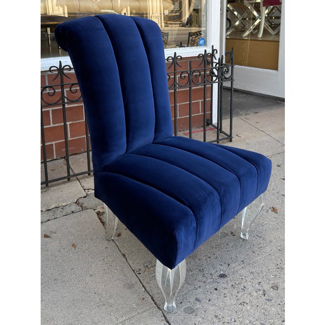 Phyllis Morris Mid Century Modern Phyllis Morris Lucite Chair W Sapphire Blue Velvet For Sale - Image 4 of 7