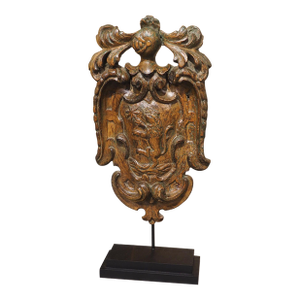 17th Century Dutch Wooden Coat of Arms Cartouche on Stand