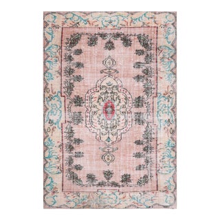 1970s Vintage Turkish Handmade Wool Cotton Pink Area Rug For Sale
