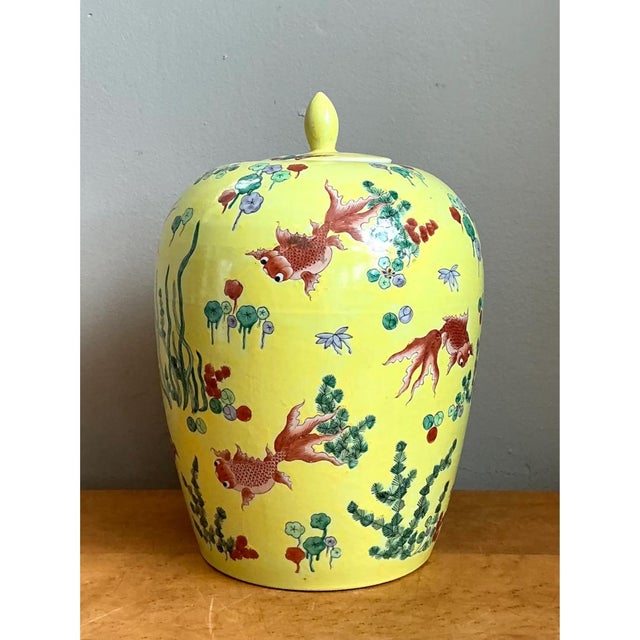 Mid 20th Century Vintage Yellow Ceramic Fish Motif Jar For Sale - Image 5 of 12