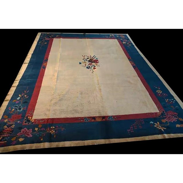 1920s Beige Floral Antique Chinese Art Deco Carpet 9'' X 11'8'' Knotted Wool Rug For Sale - Image 4 of 9