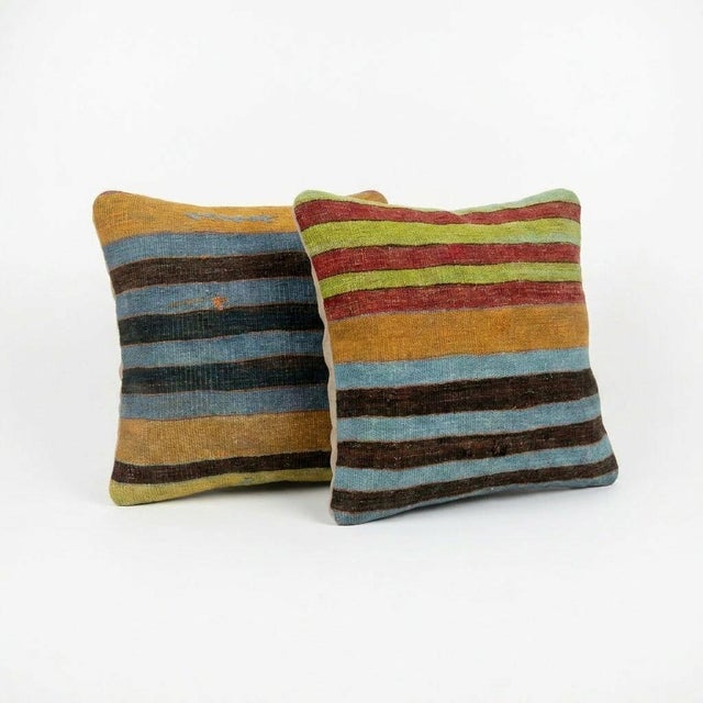 Mid-Century Modern Bohemian Turkish Kilim Rug Pillow Cover 20'' X 20'' - Set of Two For Sale - Image 3 of 4