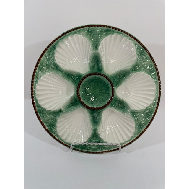 Paint Antique 1920s French Longchamp Majolica Green and White Oyster Plate For Sale - Image 7 of 14