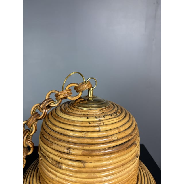Mid-Century Italian Pencil Reed Rattan Bamboo and Brass Hanging Pendant Lamp, 1970s For Sale - Image 9 of 14
