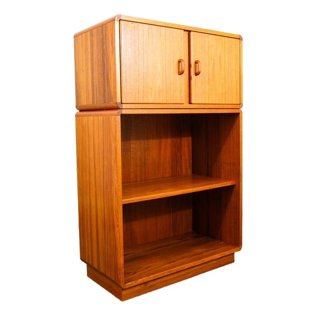 Mid Century Danish Modern Bookshelf Cabinet Teak Shelves Doors MCM Shelf 2 Pc For Sale