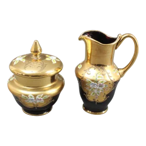 Vintage Tre Fuochi Venetian Murano Glass Ruby Red 24k Gold Floral Creamer & Sugar Set- 2 Pieces