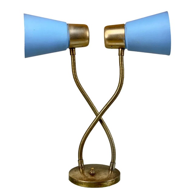 Mid-Century Atomic Blue Fiberglass Shade Double Gooseneck Desk Lamp For Sale - Image 11 of 11