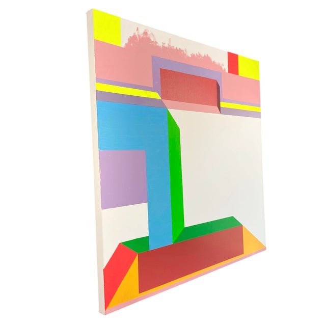 An abstract modern geometric painting in acrylic on stretched canvas. The edges are finished in white gesso. Signed on verso.