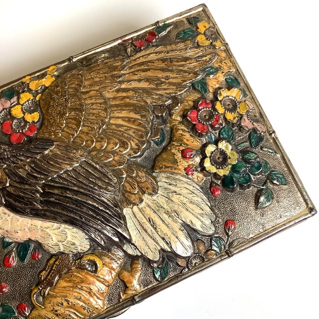 1960s Stunning Japan Ornate Eagle Cast Metal Trinket Box W/Hinged Lid Colored Repousse For Sale - Image 6 of 10