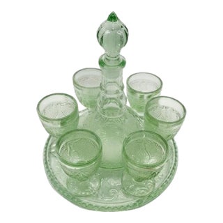 Vintage Vaseline / Uranium Green Pressed Glass Decanter and Cordial Set With Tray - 8 pcs For Sale