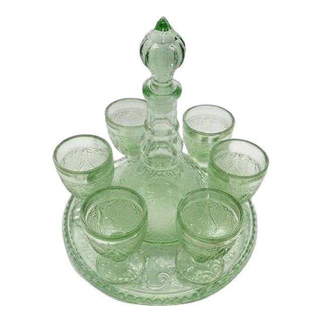 Vintage Vaseline / Uranium Green Pressed Glass Decanter and Cordial Set With Tray - 8 pcs For Sale