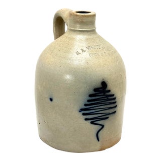 Unusual Small 1 Gallon Antique American Blue Decorated Stoneware Spirts Jug by N. A. White & Son in Utica N. Y. 1870s For Sale