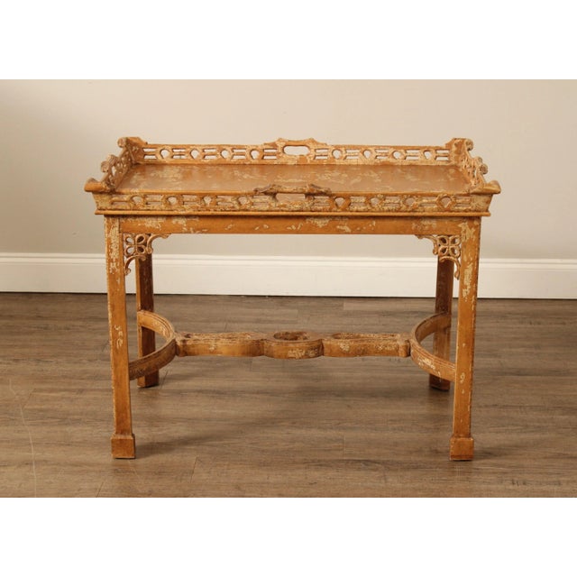 Tan Chinese Chippendale Style Distress Painted Tea Table For Sale - Image 8 of 12