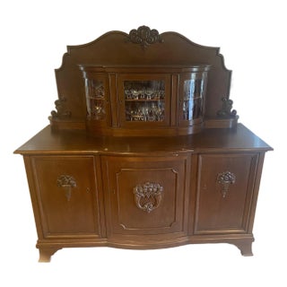 Black Forest Style Large Exquesite Carved Oak European Buffet/Sideboard With Unique Curved Glass Display Mid 20th Century For Sale