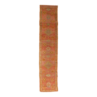 Antique Oushak Runner, Turkish Oriental Rug, Handmade Peach, Yellow, Light Blue For Sale