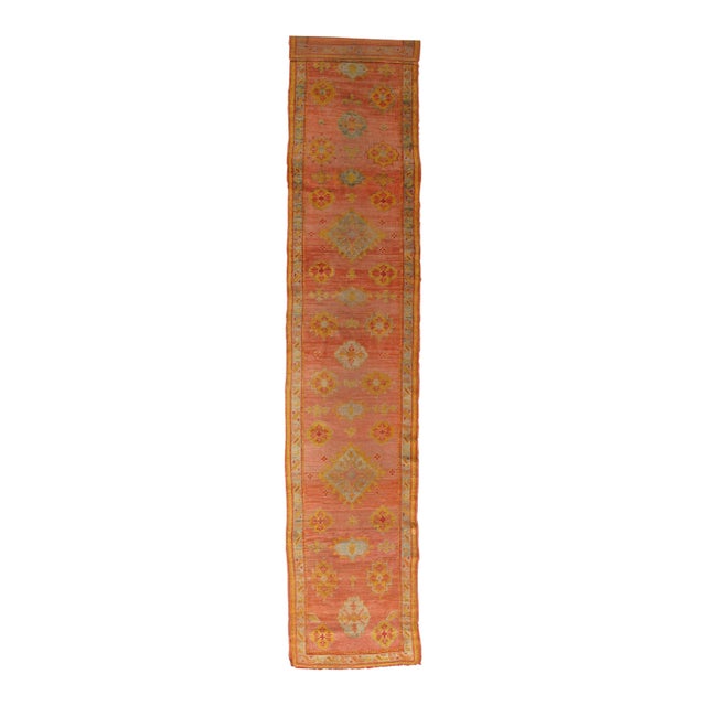 Antique Oushak Runner, Turkish Oriental Rug, Handmade Peach, Yellow, Light Blue For Sale