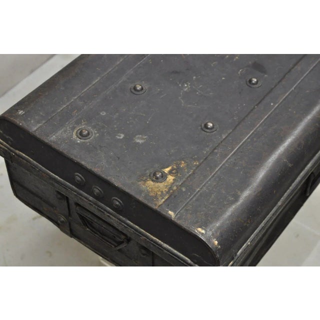 Early 20th Century Antique Art Deco Steel Metal Military Weapons Black Storage Travel Trunk For Sale - Image 5 of 13