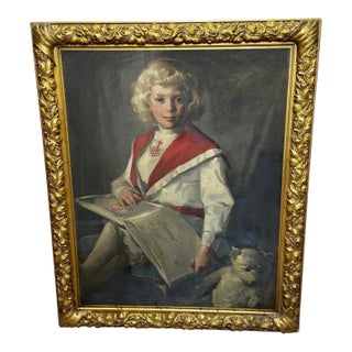 Oil Portrait of a Girl in Red & White Dress Reading Story, Circa 1914 — Signed by David Alison r.s.a. (Scottish, 1882–1955) Gilt Framed For Sale