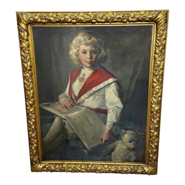 Oil Portrait of a Girl in Red & White Dress Reading Story, Circa 1914 — Signed by David Alison r.s.a. (Scottish, 1882–1955) Gilt Framed For Sale